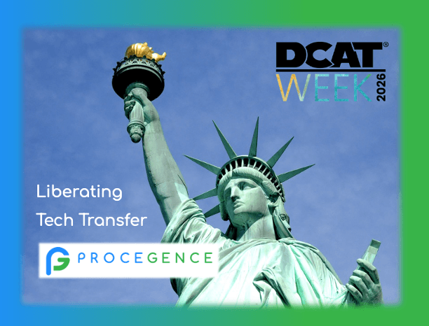 The Statue of Liberty is shown as a symbol for liberating technology transfer, a well-recognized bottleneck in the pharmaceutical industry and a topic covered at DCAT Week 2026 in New York City.
