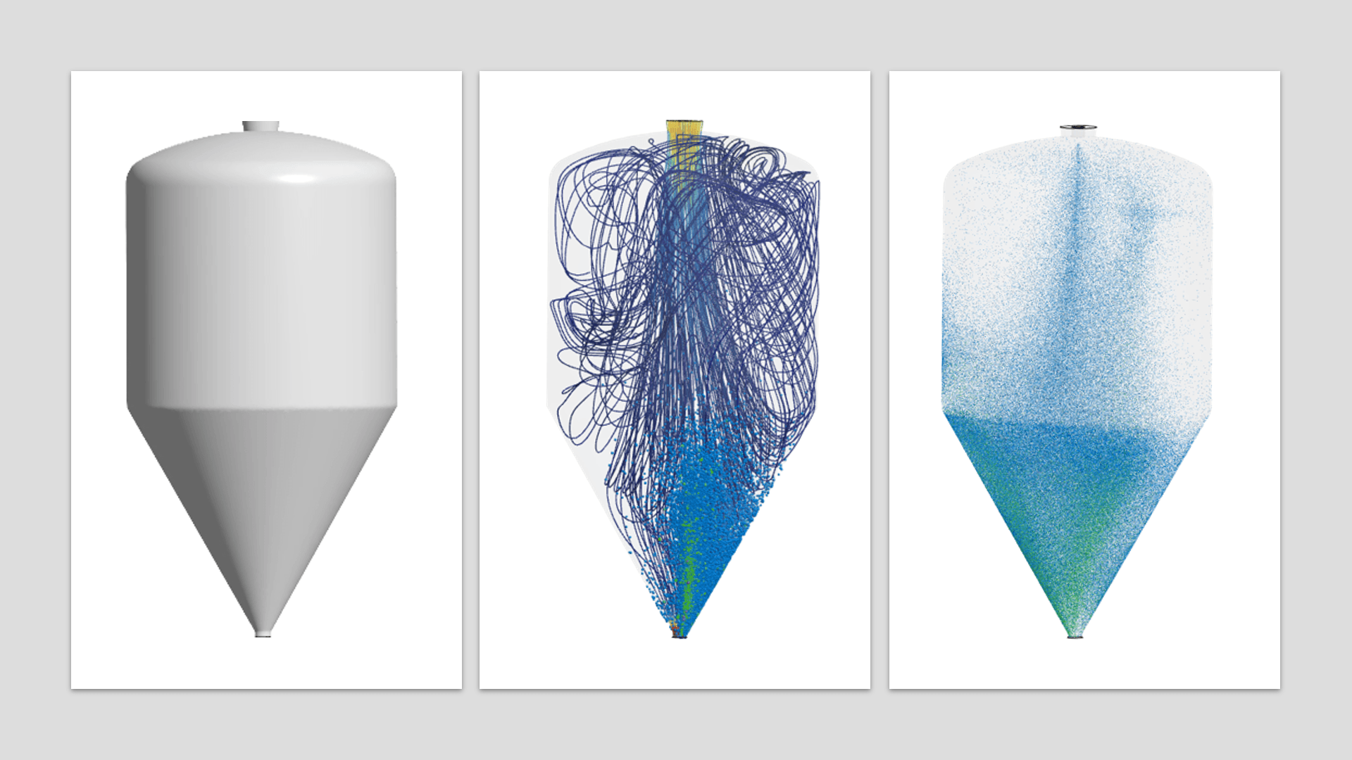 Three-panel illustration showing the progression of spray dryer simulation modeling: a solid blue dryer silhouette, a CFD airflow and particle trajectory visualization, and a particle distribution rendering showing density gradients from inlet to cone.