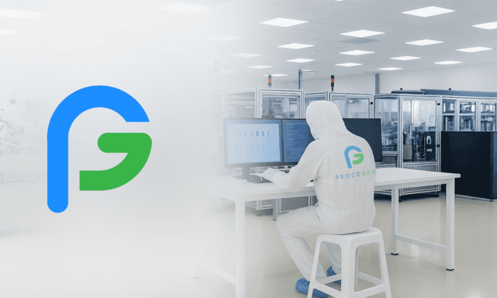 A composite corporate image featuring a stylized blue and green logo resembling an interlocking "P" and "G" on a faded white left side. The right side shows a laboratory cleanroom environment where a person in a full white protective suit is sitting on a stool, facing away, working at a computer with dual monitors. The same logo and the text "PROCEGENCE" are visible on the back of their suit. Automated lab equipment and enclosures stand in the background under bright cleanroom lighting.