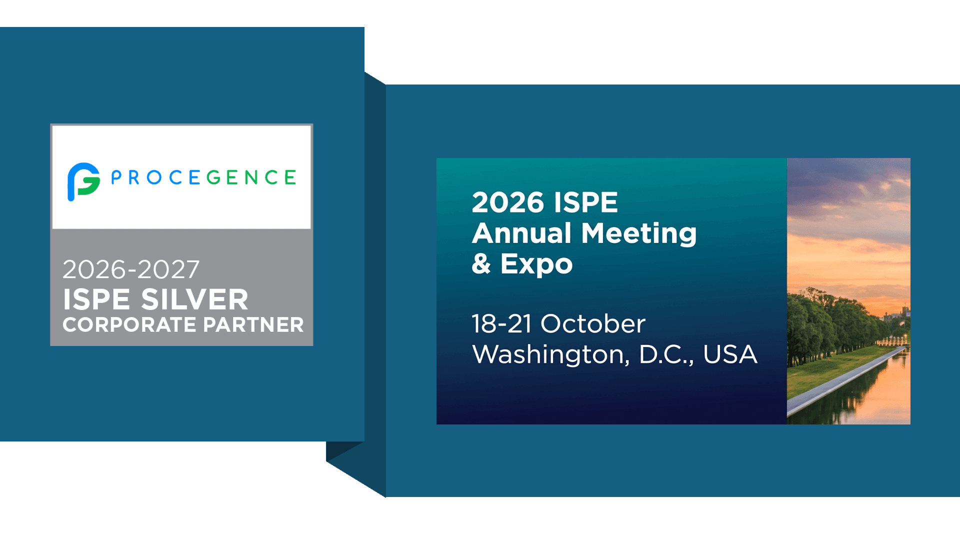 Promotional graphic announcing Procegence as a 2026–2027 ISPE Silver Corporate Partner, featuring details for the 2026 ISPE Annual Meeting & Expo in Washington, D.C., October 18–21.